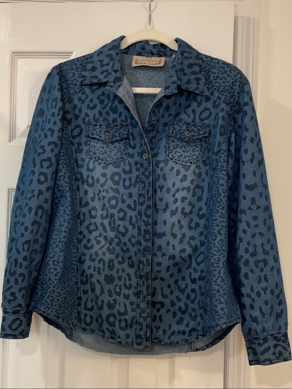 Blue Leopard Print Denim Button-Up Shirt